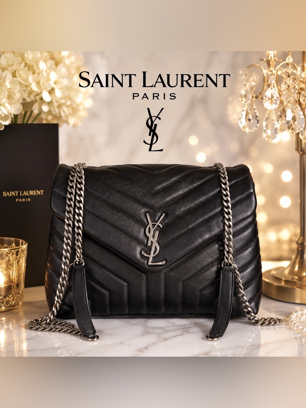 Saint Laurent YSL Loulou Medium Black Chevron Quilted Leather Chain Shoulder Bag